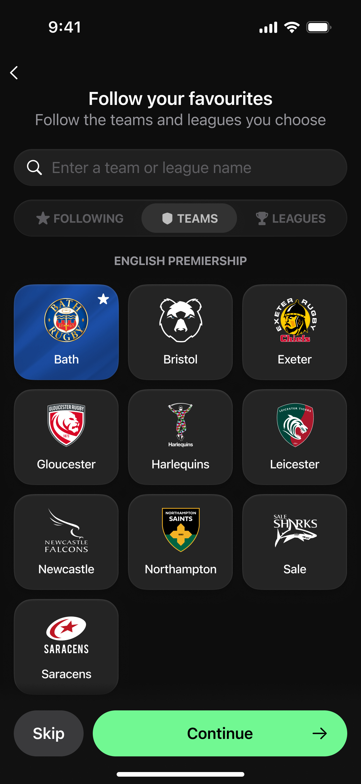 Screenshot showing a list of rugby teams to follow