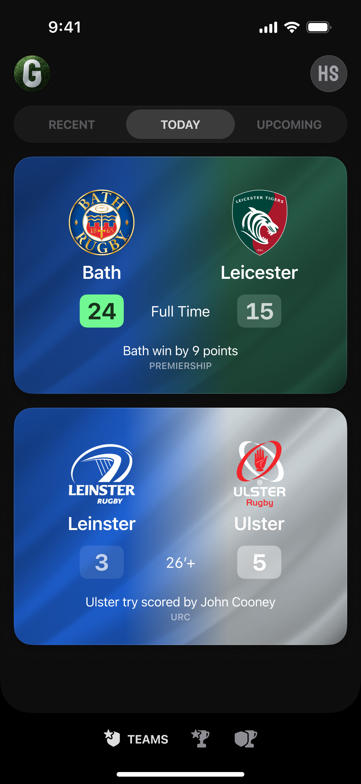 Screenshot showing two rugby fixtures
