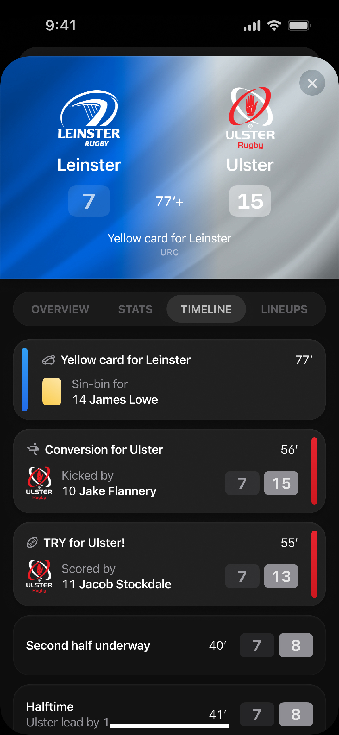 Screenshot showing live events for a rugby match